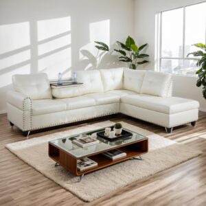 97 in l-shaped sectional couch, button tufted upholstered faux leather sofas w/ chaise lounge, living room modular furniture sets, foldable console with cup holders, wood frame metal legs (white)