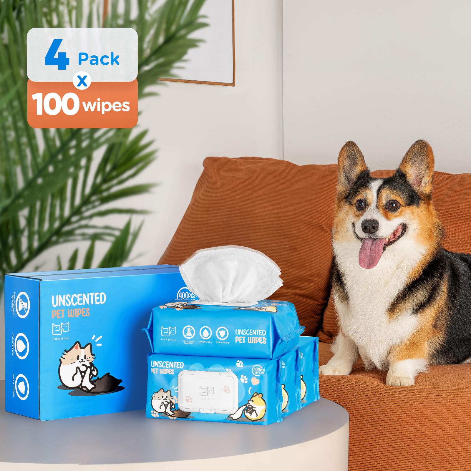 Furmini Unscented Pet Wipes (400pcs) - Hypoallergenic, Alcohol-Free & Soothing for Sensitive Skin - Head-to-Tail Cleaning for Dogs & Cats - Safe for Face, Coat, Paws & Butt