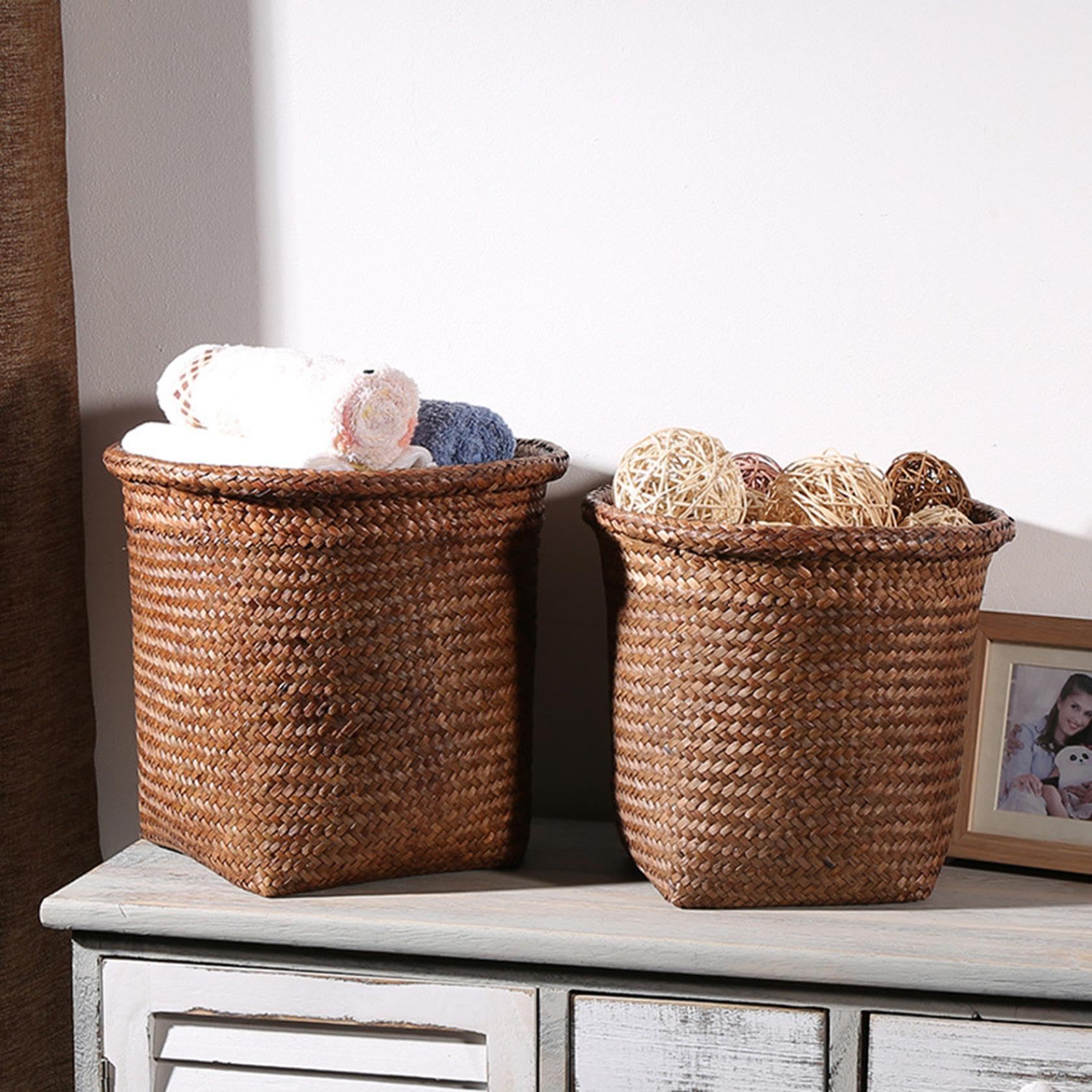 Generic Kitchen Rubbish Box, Woven Basket Trash Can Rattan Waste Basket Trash Can Wicker Waste Basket for Bathroom, Office, Bedroom, Living Room, Small Space 1 Pac