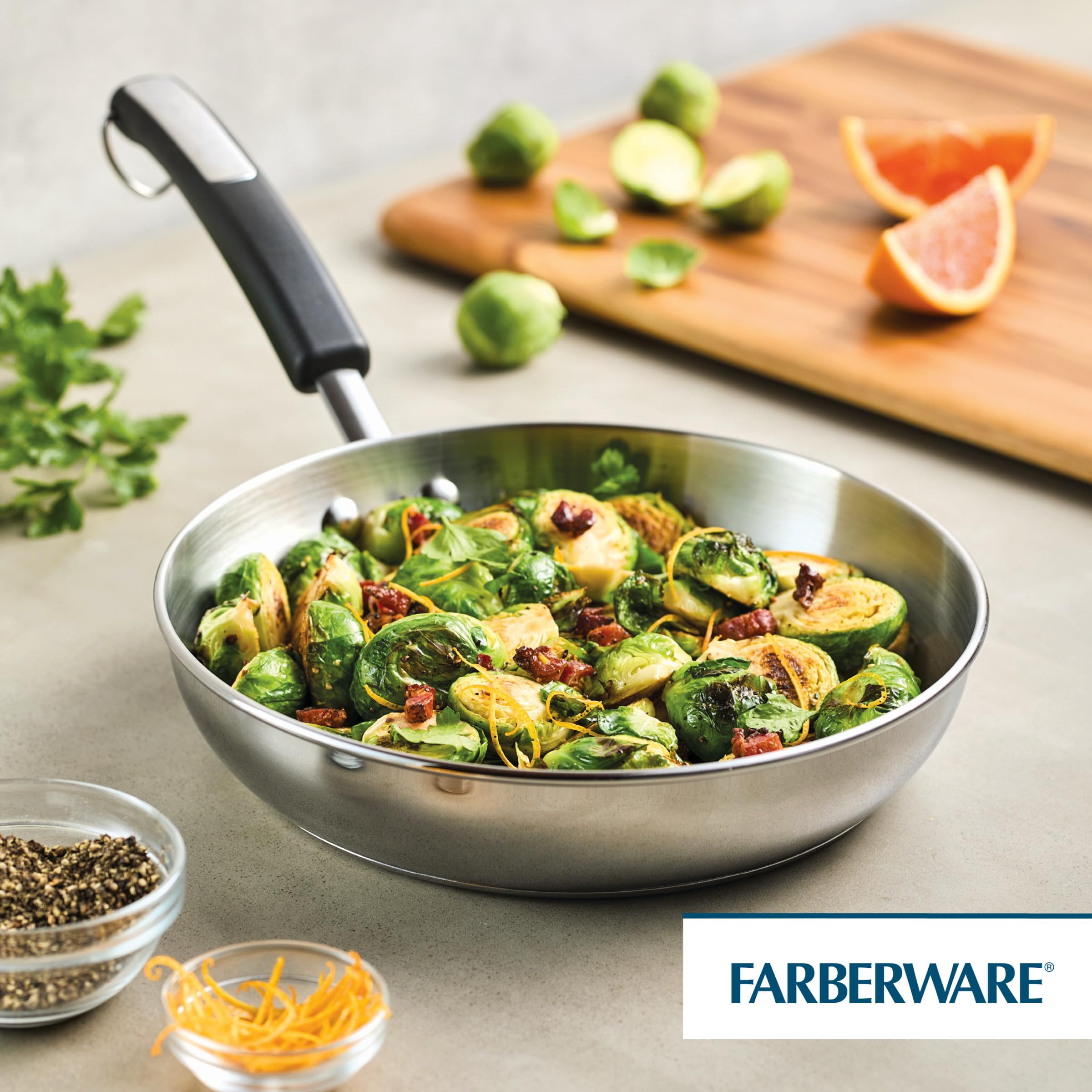 Farberware Brilliance Stainless Steel Frying Pan/Skillet,10 Inch, Dishwasher Safe and Induction Ready, Compatible with All Cooktops,Stainless Steel