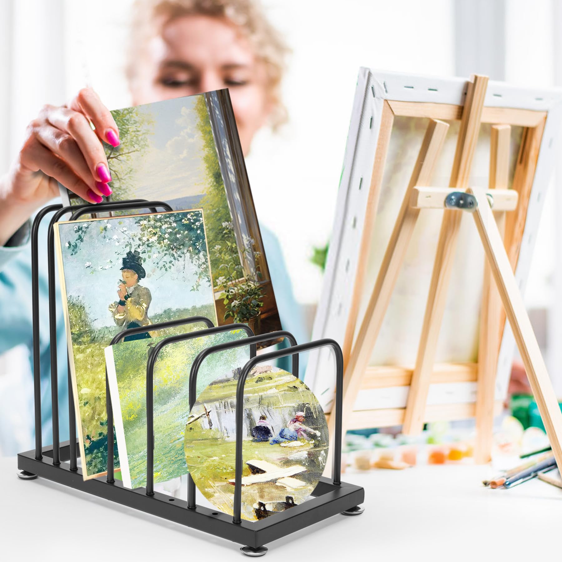 Table Top Art Canvas Storage Rack,Metal Adjustable 6 Tier Artwork Display Drying Stand,Artist Supply Organizer for Painting Boards,Drawing Papers,Panels,Plates,Frames (7.8" D x 15.7" W x 13.7" H)