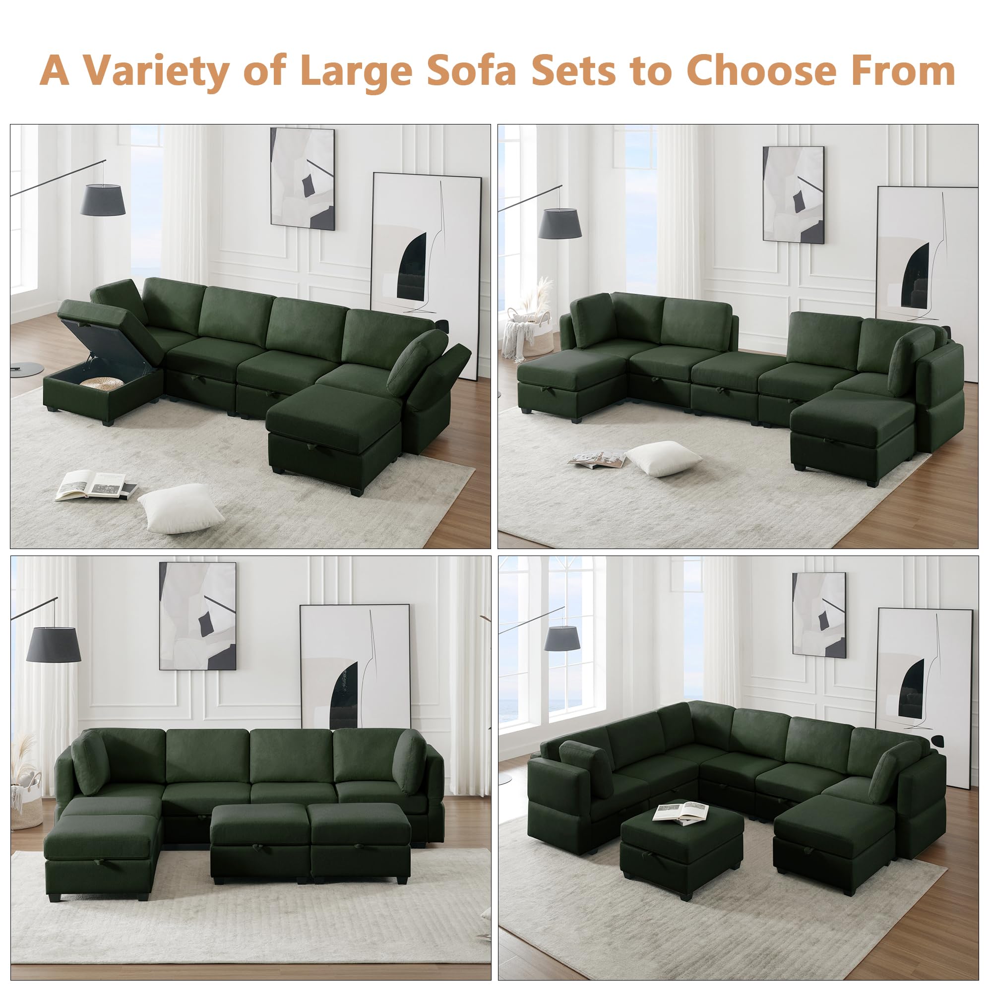 mikibama Convertible Modular Sectional Loveseat Sofa, 62" Modern Upholstered Fabric Couch with Storage Seats, Adjustable Arms and Backs, 2 Seater Sofa for Living Room Bedroom Apartment, Green