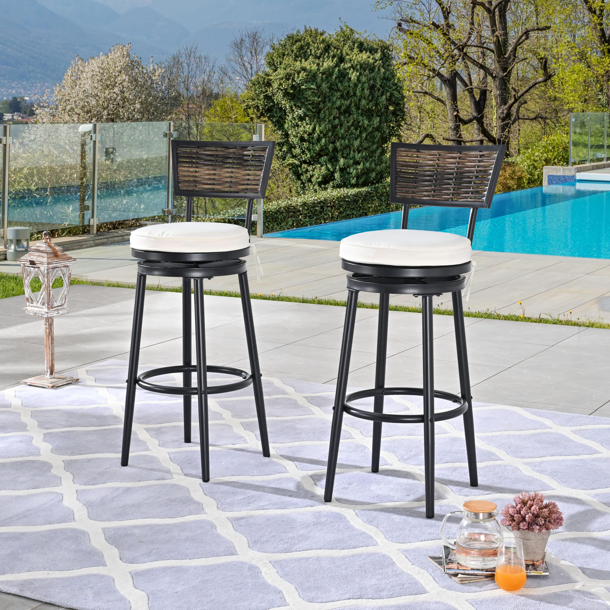 LOKATSE HOME 2 PCS Outdoor Swivel Barstools, Patio Bar Chairs with Wicker Back and Cushions for Backyard Deck Lawn Garden