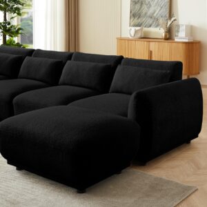 kevarada Boucle Sectional Couches for Living Room,Comfy Upholstered Modular Sectional Sofa with Ottoman,Small Sectional Couch Sofa Set for Living Room (3Seats&1Ottoman-Black)