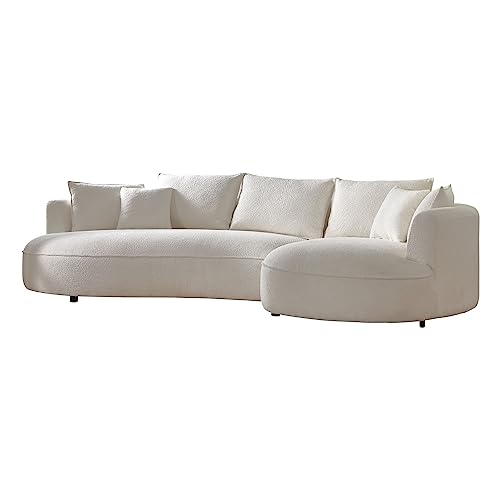 FANYE Luxury 6 Seats Teddy Boucle Freestanding Sectional Sofa, Modern Left Wide Chaise Comfy Leisure Couch with 7 Perfectly-Scaled Pillows, Oversized Sleek Curved Sofa&Couch for Living Room