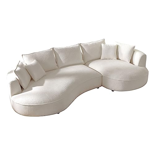 FANYE Luxury 6 Seats Teddy Boucle Freestanding Sectional Sofa, Modern Left Wide Chaise Comfy Leisure Couch with 7 Perfectly-Scaled Pillows, Oversized Sleek Curved Sofa&Couch for Living Room