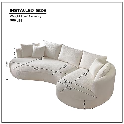 FANYE Luxury 6 Seats Teddy Boucle Freestanding Sectional Sofa, Modern Left Wide Chaise Comfy Leisure Couch with 7 Perfectly-Scaled Pillows, Oversized Sleek Curved Sofa&Couch for Living Room