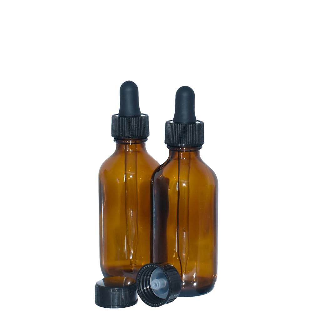 GlassBottleOutlet (Pack of 2) 2 oz. Amber Boston Round with Black Glass Droppers and Black Cone Lined Caps