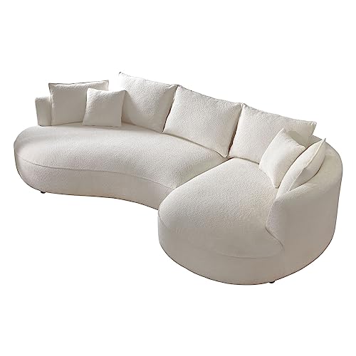 FANYE Luxury 6 Seats Teddy Boucle Freestanding Sectional Sofa, Modern Left Wide Chaise Comfy Leisure Couch with 7 Perfectly-Scaled Pillows, Oversized Sleek Curved Sofa&Couch for Living Room