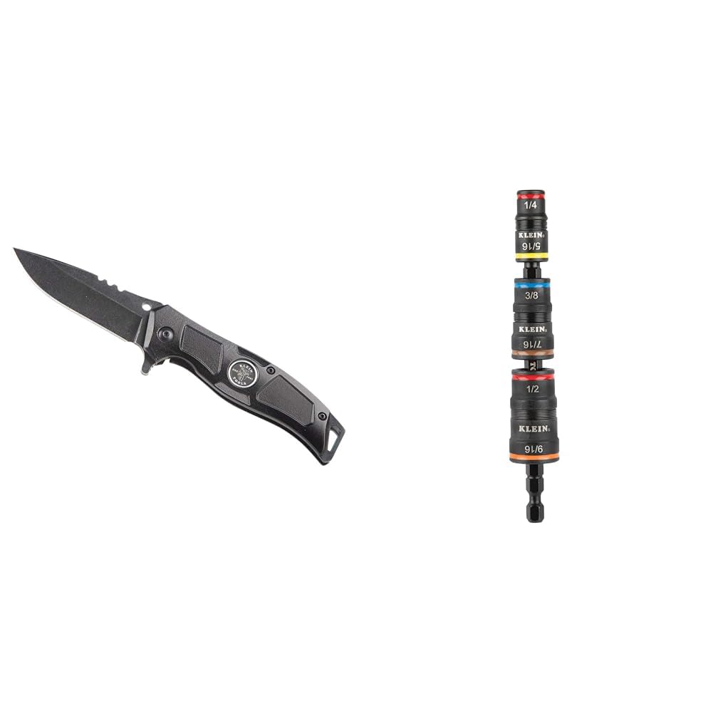 Klein Tools Electrician's Pocket Knife with Stainless Blade + 7-in-1 Impact Flip Socket Set with 6 Hex Driver Sizes