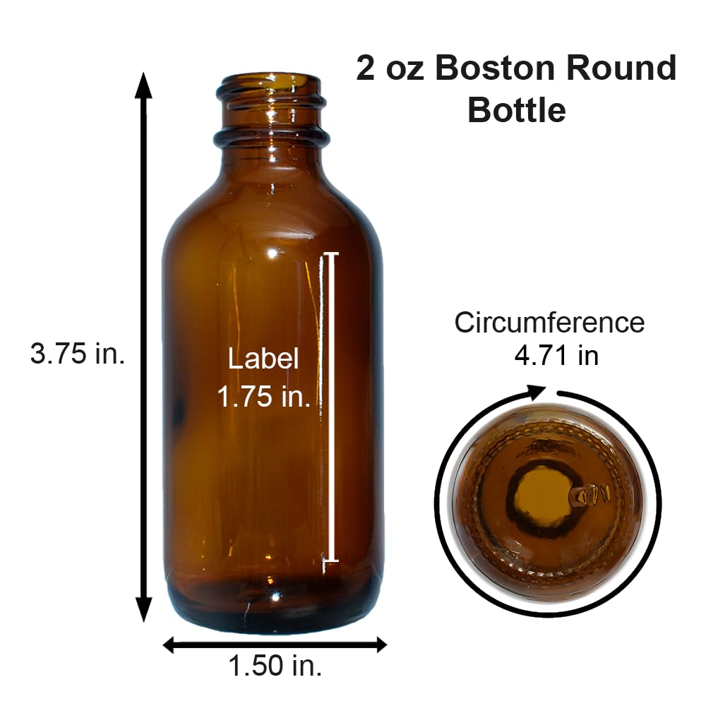 GlassBottleOutlet (Pack of 2) 2 oz. Amber Boston Round with Black Glass Droppers and Black Cone Lined Caps