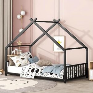 goohome montessori floor bed with headboard and footboard, twin floor bed with slats, metal house floor bed for girls, boys, teens no box spring needed