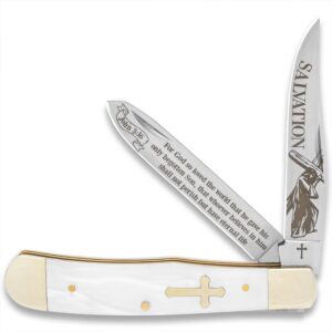 salvation pearl trapper pocket knife | laser etched stainless steel blades | john 3:16 | jesus christ carrying cross | elegant faux pearl handle scales | nickel silver bolsters | closed length 4"