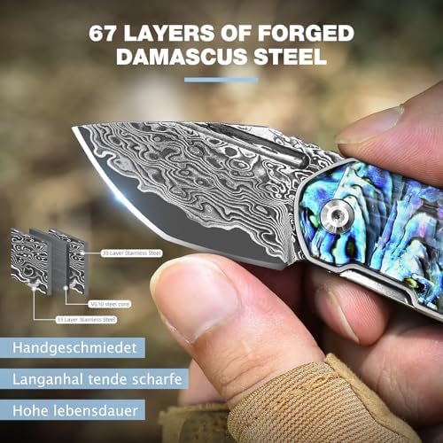 DRACHENADER Small Damascus Pocket Knife for Women and Men Abalone Knife Japanese Keychain Mini Pocket Knife Folding VG10 67 Layers Damascus Steel, birthday Gift Box Included