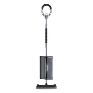 roamwild multi-cleaner rubber pull broom & dustpan combo set with unique corner clearing fins for cleaning up wet & dry mess pet hair fur removal for hard floors and carpets (black & gray)