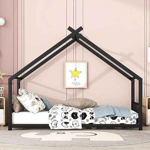 Goohome Montessori Floor Bed with Headboard and Footboard, Twin Floor Bed with Slats, Metal House Floor Bed for Girls, Boys, Teens No Box Spring Needed