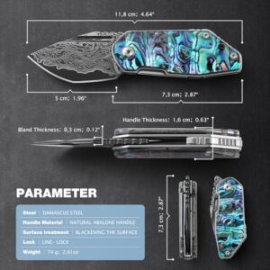 DRACHENADER Small Damascus Pocket Knife for Women and Men Abalone Knife Japanese Keychain Mini Pocket Knife Folding VG10 67 Layers Damascus Steel, birthday Gift Box Included