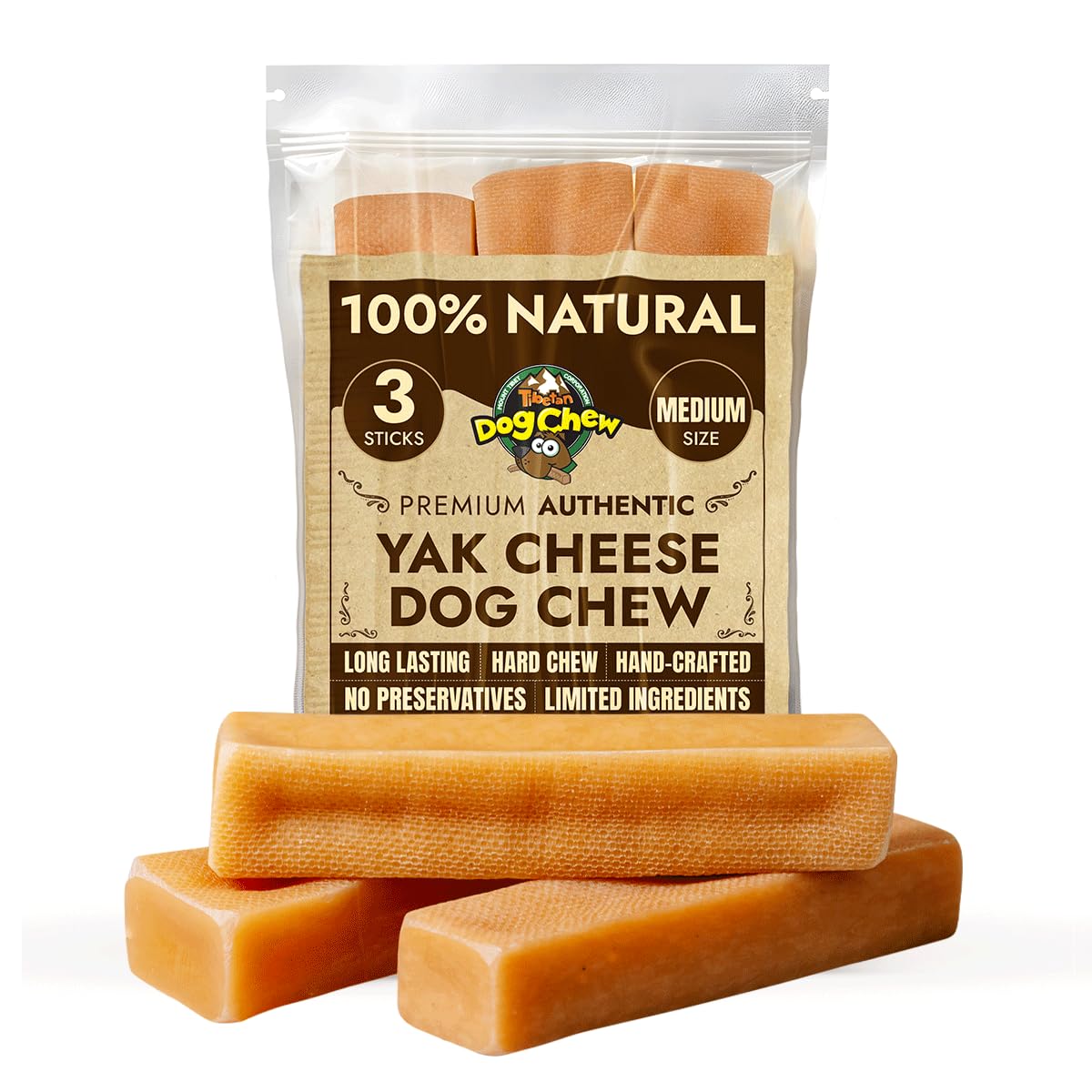 Tibetan Yak Cheese Dog Chew Sticks - Natural, Handmade, Long-Lasting, Easy to Digest, Ideal for Medium Dogs and Aggressive Chewers, Rawhide,Grain and Gluten Free, Keeps Dogs Busy, 3 Chews