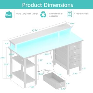 Lufeiya White Gaming Desk with Fabric Drawers and Storage Shelves, 47 inch Home Office Desk with Monitor Stand, Computer Desk with LED Lights and Power Outlets, White