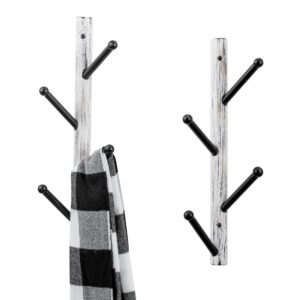 mygift 4 hook wall mounted shabby white washed solid wood and black metal hat coat hanger tree, vertical entryway hanging garment rack with branch style hooks, set of 2