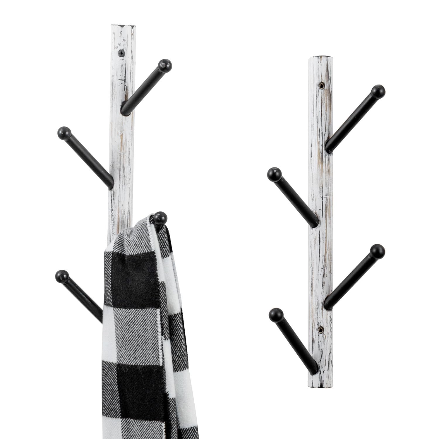 MyGift 4 Hook Wall Mounted Shabby White Washed Solid Wood and Black Metal Hat Coat Hanger Tree, Vertical Entryway Hanging Garment Rack with Branch Style Hooks, Set of 2