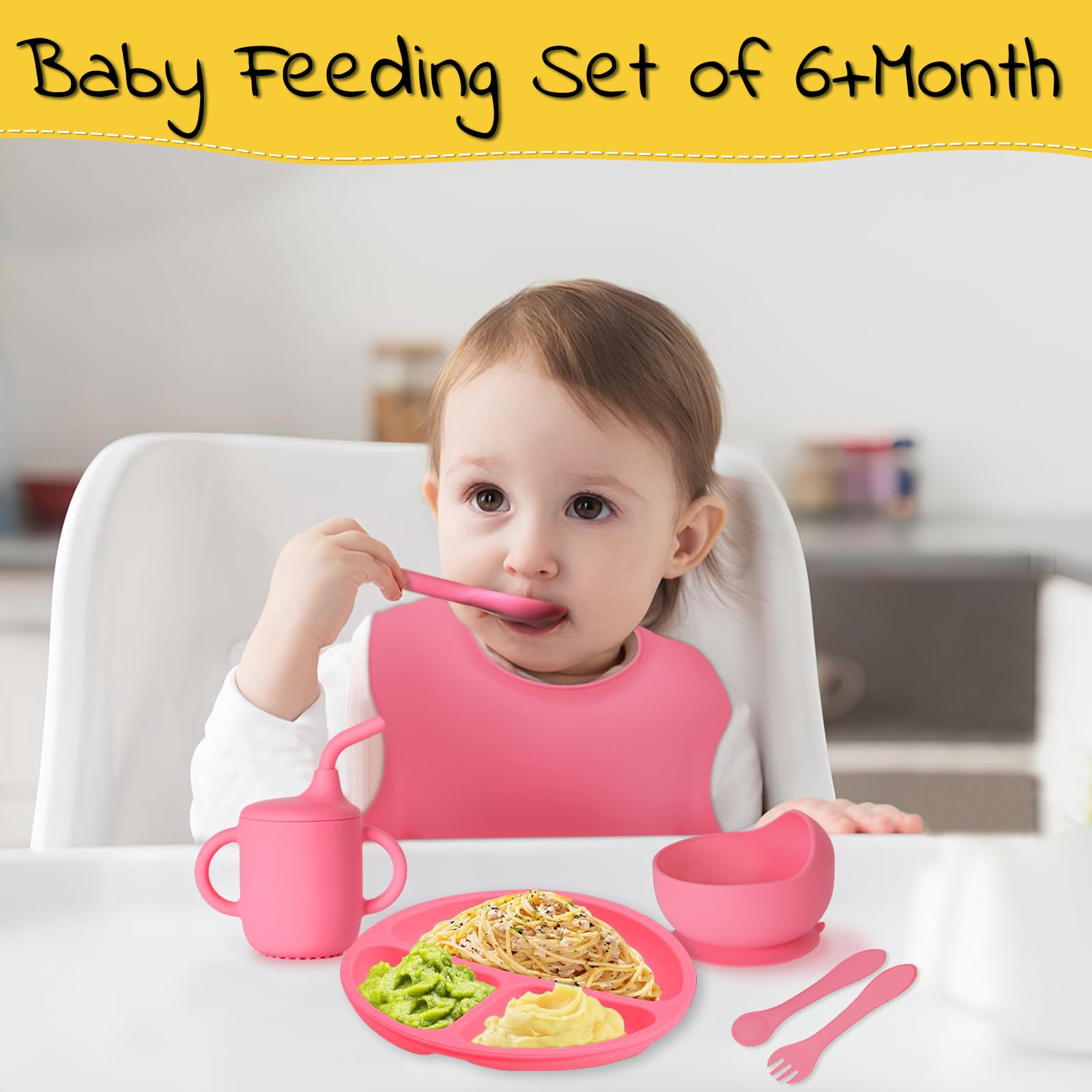 Aainbeots Silicone Baby Feeding Set, 10 Pcs Baby Led Weaning Supplies with Suction Bowl and Plate, baby feeding set with Adjustable Bid,Sippy Cup with Straw and Lid, Mommy Ark Set Suit for 6+Months