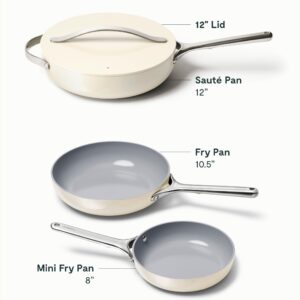 Caraway Fry Pan Trio - Non-Stick Frying Pans (10.5” & 8”) & Non-Stick Saute Pan - Non Toxic, PTFE & PFOA Free - Oven Safe & Compatible with All Stovetops (Gas, Electric & Induction) - Cream