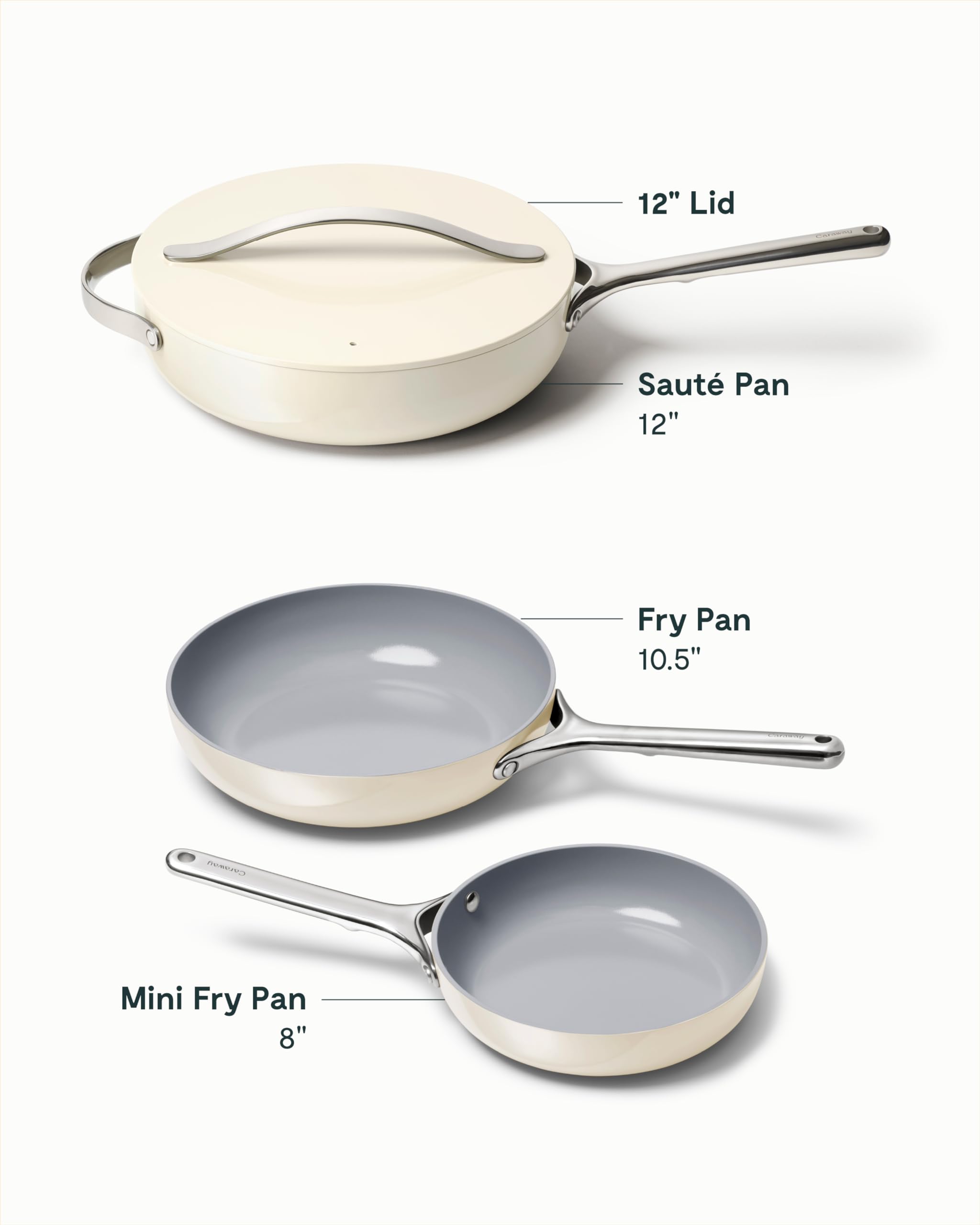 Caraway Fry Pan Trio - Non-Stick Frying Pans (10.5” & 8”) & Non-Stick Saute Pan - Non Toxic, PTFE & PFOA Free - Oven Safe & Compatible with All Stovetops (Gas, Electric & Induction) - Cream