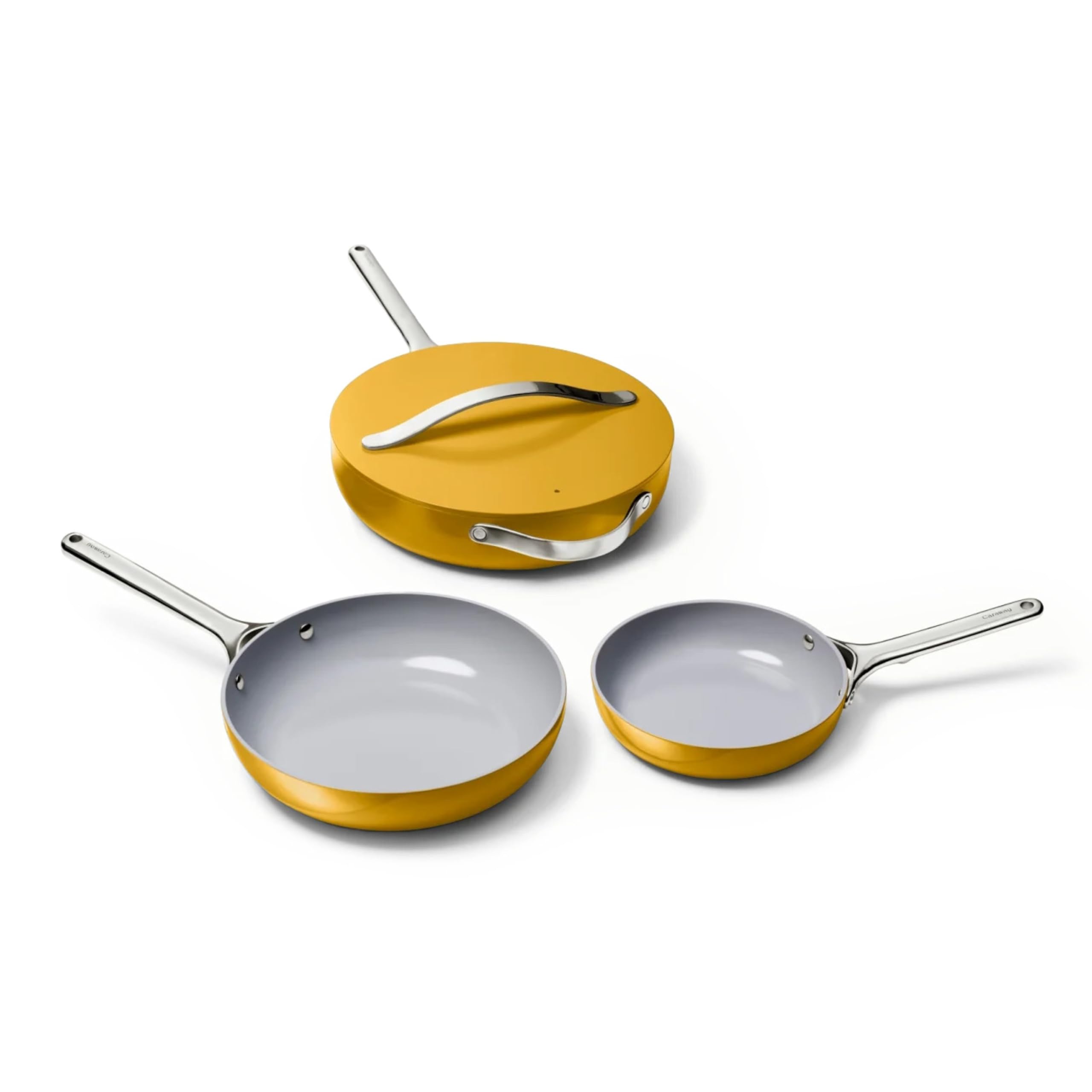 Caraway Fry Pan Trio - Non-Stick Frying Pans (10.5” & 8”) & Non-Stick Saute Pan - Non Toxic, PTFE & PFOA Free - Oven Safe & Compatible with All Stovetops (Gas, Electric & Induction) - Marigold