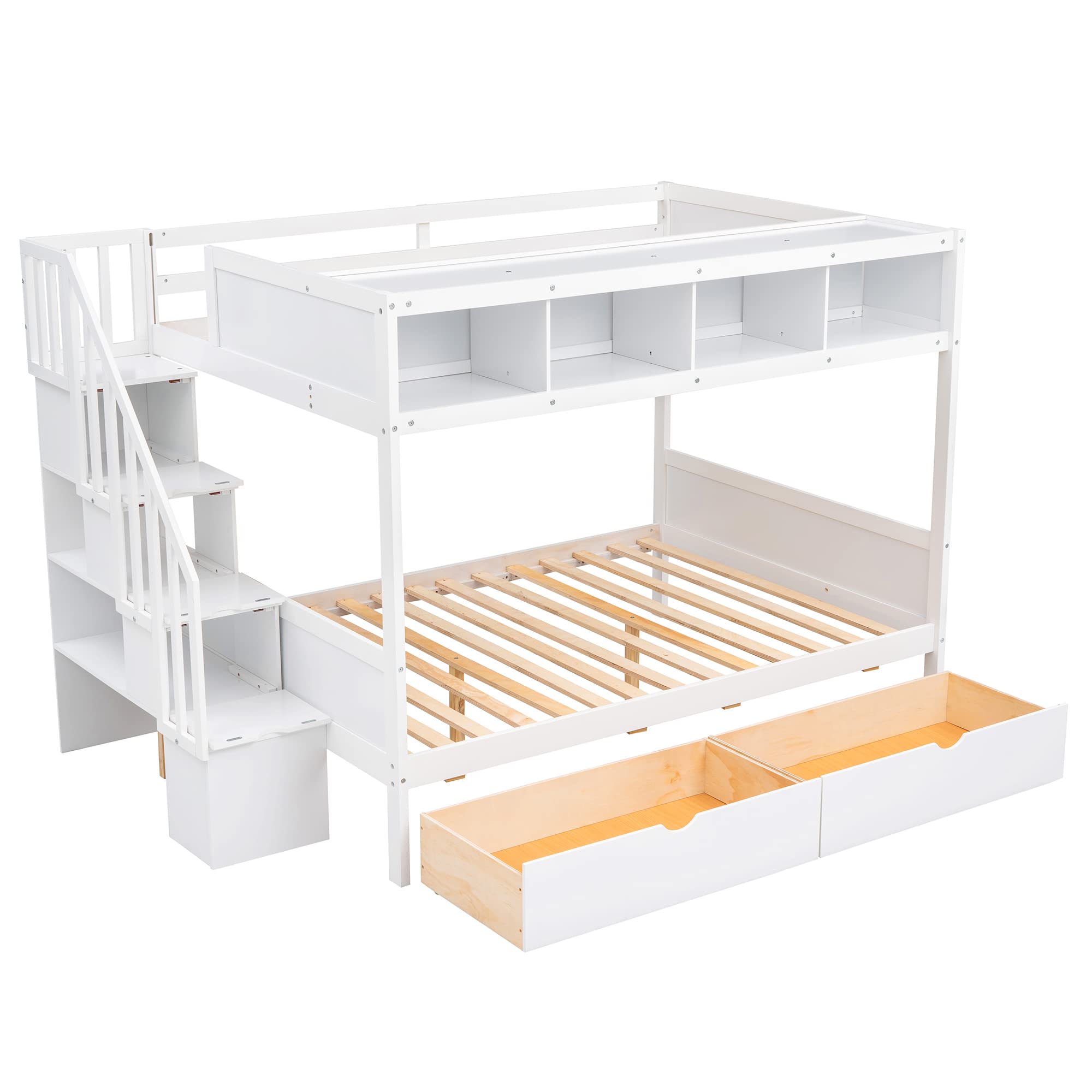 Harper & Bright Designs Twin Over Full Bunk Bed with Storage Staircase and 2 Drawers,Wood Bunk Bed Frame with 4 Storage Shelves for Kids Boys Girls Teens, No Box Spring Need,White