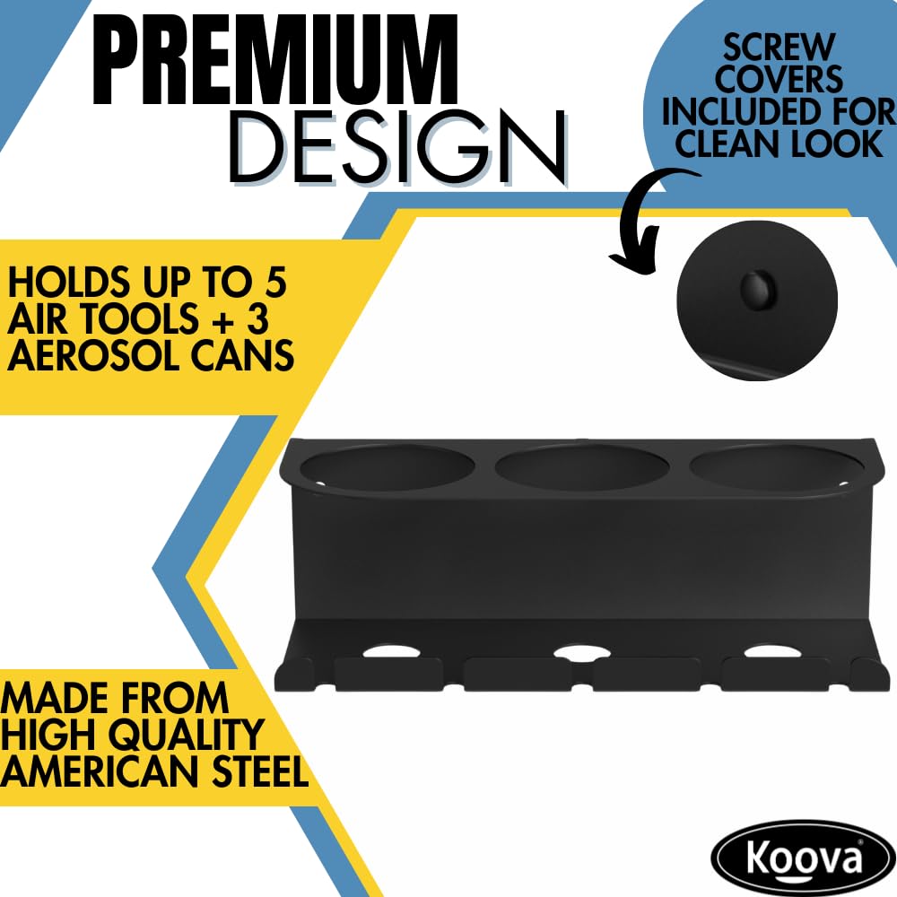 Koova Wall Mount Air Tool Holder with 3 Aerosol Can Storage - Durable Metal Construction - Made in USA - Includes Hardware for Garage & Workshop Organization