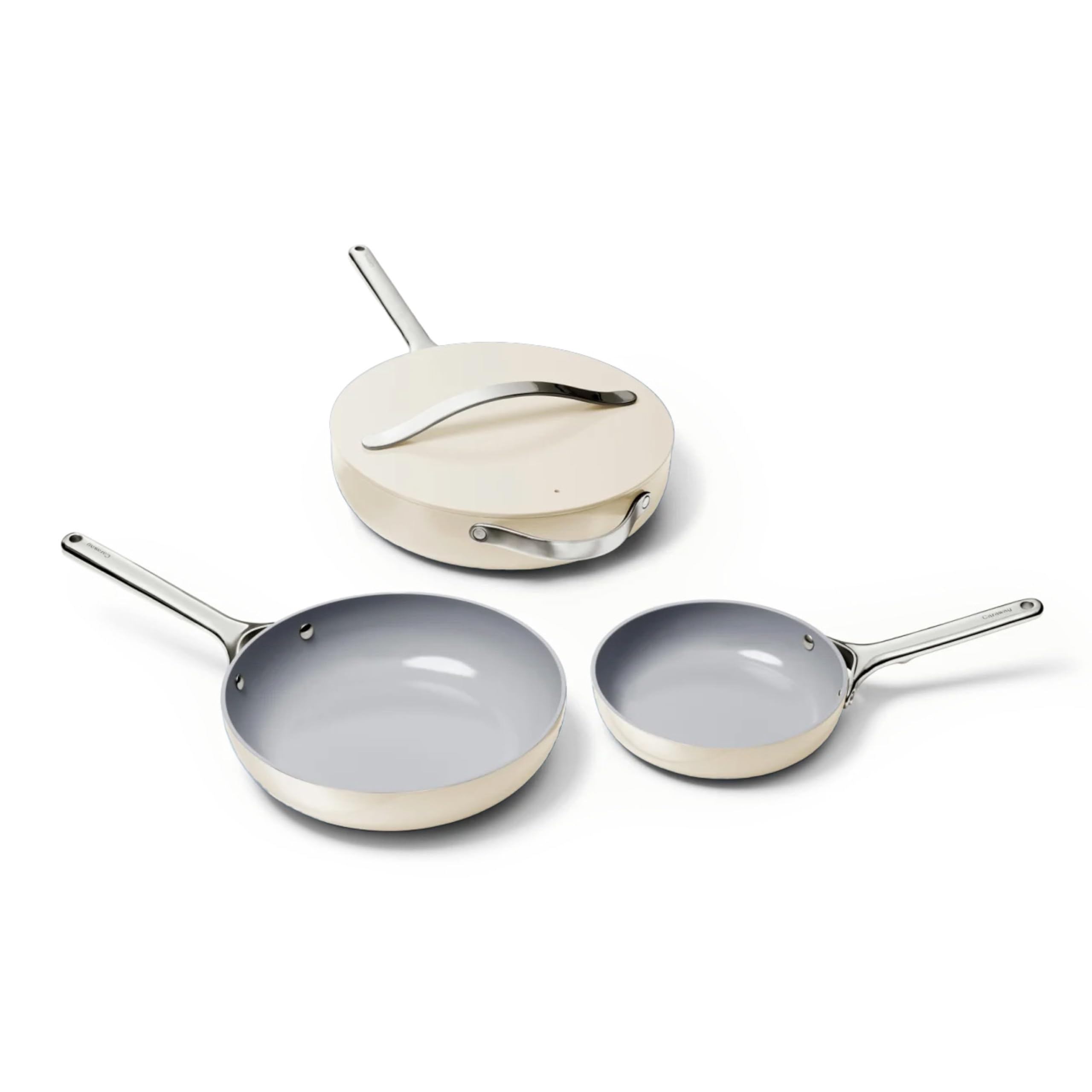 Caraway Fry Pan Trio - Non-Stick Frying Pans (10.5” & 8”) & Non-Stick Saute Pan - Non Toxic, PTFE & PFOA Free - Oven Safe & Compatible with All Stovetops (Gas, Electric & Induction) - Cream