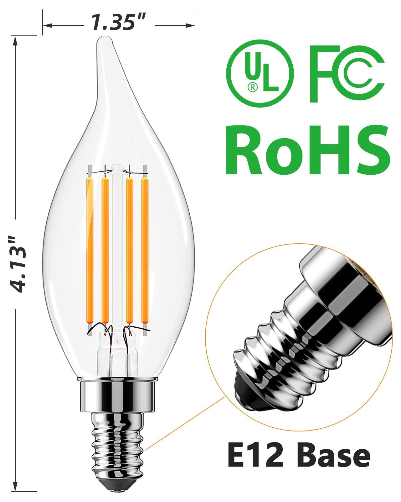 CYLYT E12 Chandelier Bulb 60 watt Equivalent, Dimmable LED Candelabra Light Bulbs 6W, 2700K Warm White 650 Lumen Lightbulbs, CA11, UL Listed, Pack of 12