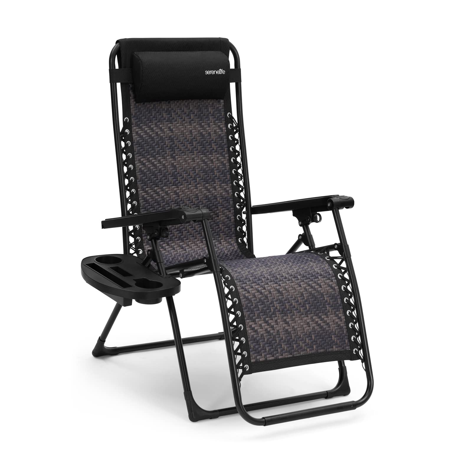 SereneLife SL1ZRC88.5 Outdoor Foldable Rattan Zero Gravity Lawn Chair-Adjustable Recliners with Plastic Cup Holder Side Table and Pillow, Off Black