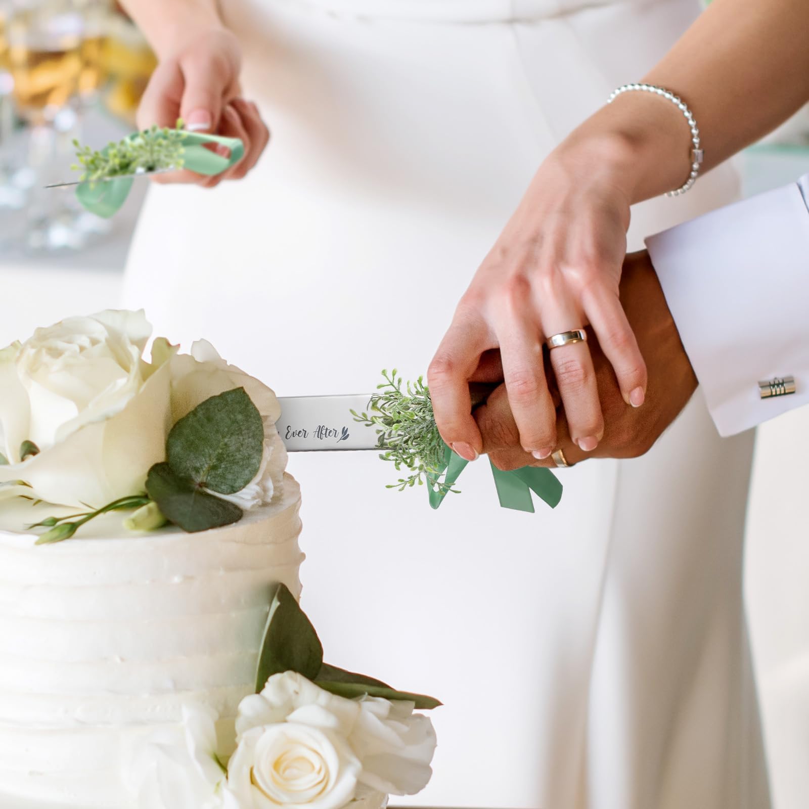 Sage Green Wedding Cake Knife & Server Set with Stainless Steel Blades Mr. and Mrs. Forks with Artificial Plant Ribbon Bowknot Perfect Addition to Your Wedding Celebrations Anniversaries Showers