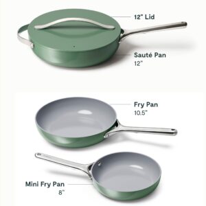 Caraway Fry Pan Trio - Non-Stick Frying Pans (10.5” & 8”) & Non-Stick Saute Pan - Non Toxic, PTFE & PFOA Free - Oven Safe & Compatible with All Stovetops (Gas, Electric & Induction) - Sage