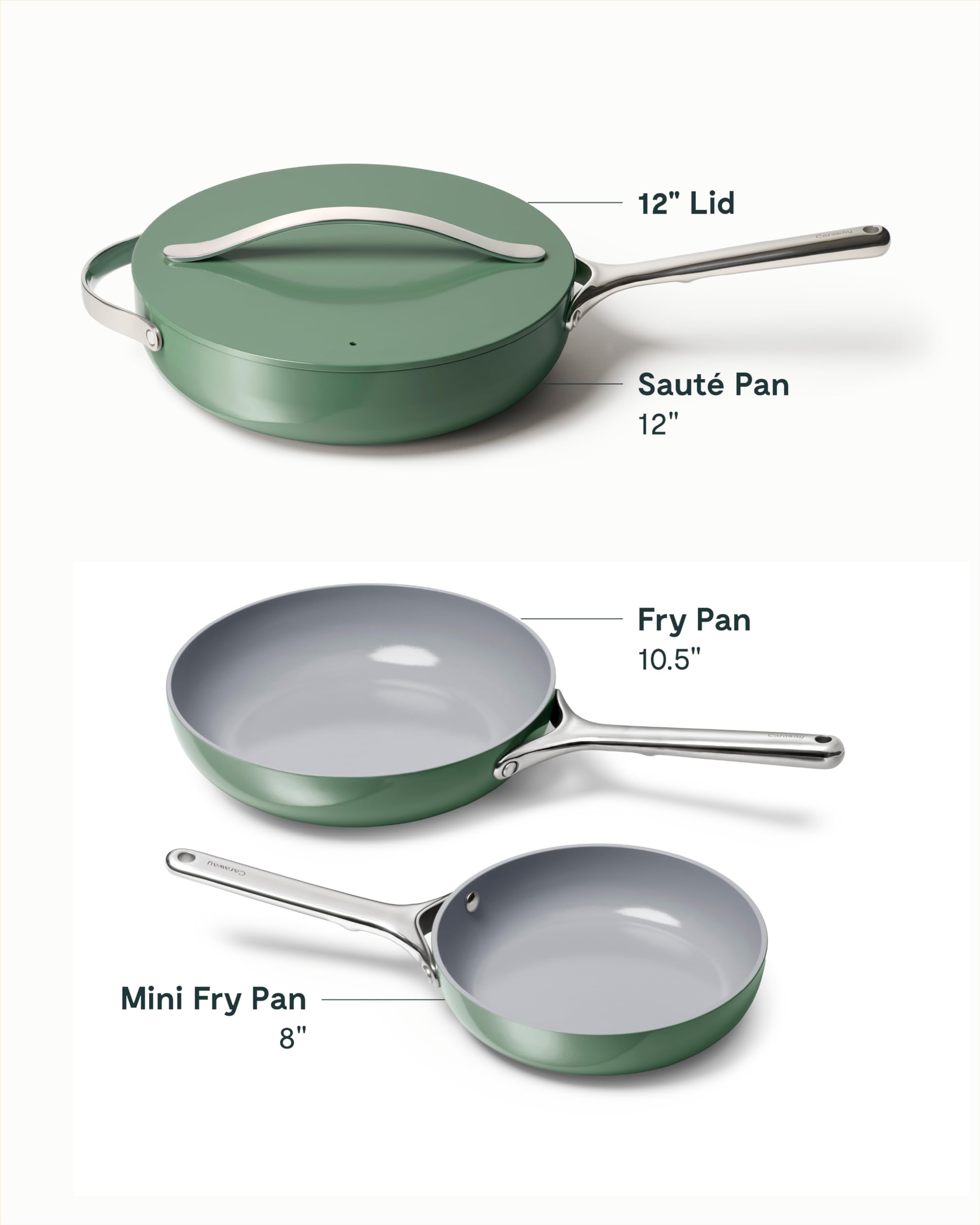 Caraway Fry Pan Trio - Non-Stick Frying Pans (10.5” & 8”) & Non-Stick Saute Pan - Non Toxic, PTFE & PFOA Free - Oven Safe & Compatible with All Stovetops (Gas, Electric & Induction) - Sage