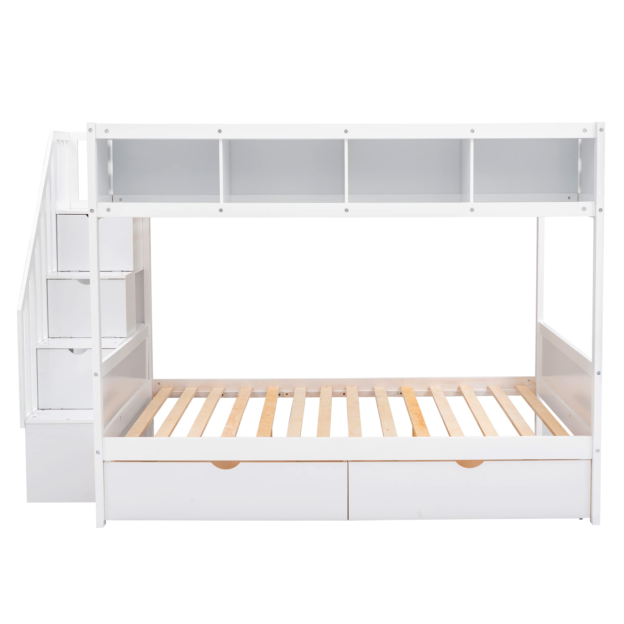 Harper & Bright Designs Twin Over Full Bunk Bed with Storage Staircase and 2 Drawers,Wood Bunk Bed Frame with 4 Storage Shelves for Kids Boys Girls Teens, No Box Spring Need,White