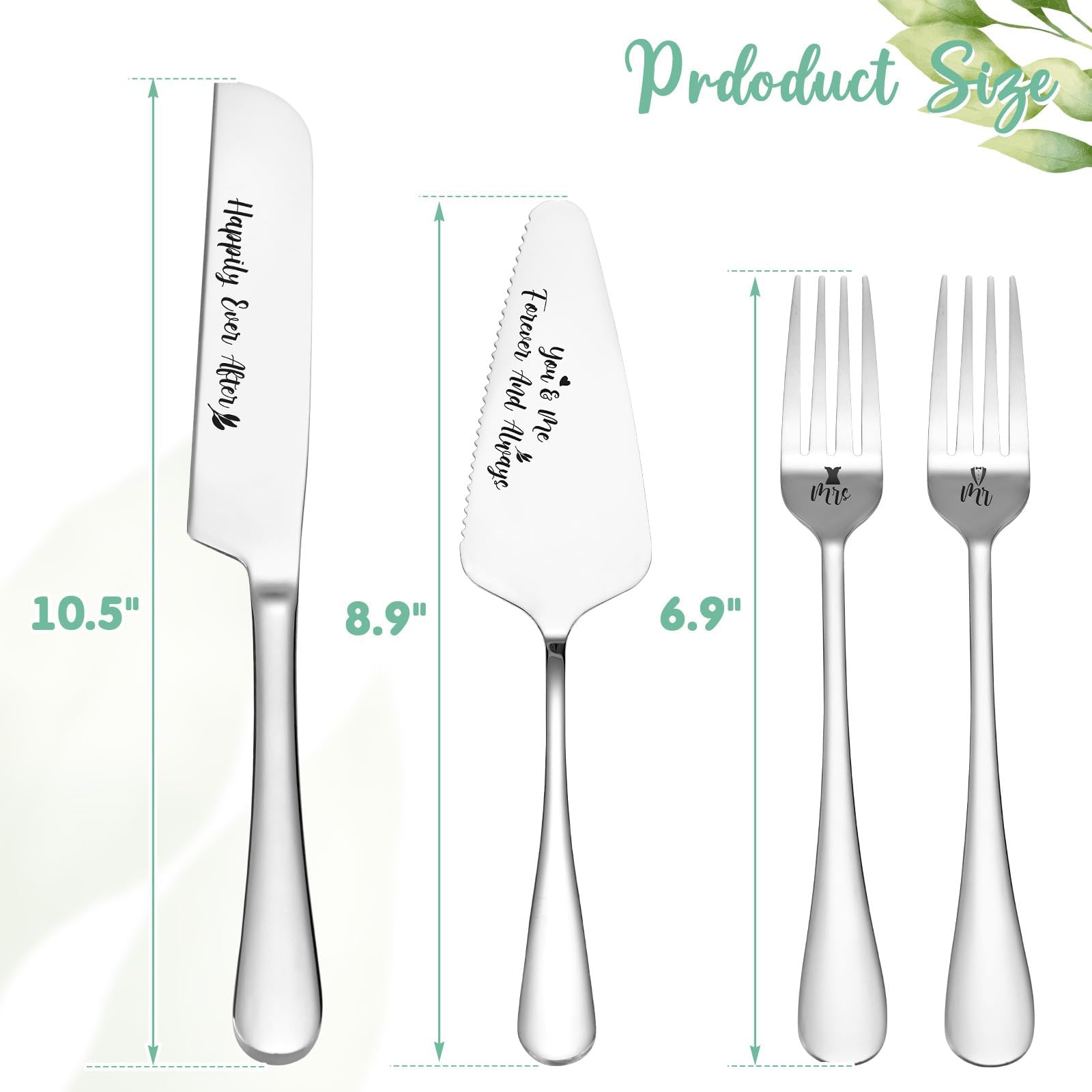 Sage Green Wedding Cake Knife & Server Set with Stainless Steel Blades Mr. and Mrs. Forks with Artificial Plant Ribbon Bowknot Perfect Addition to Your Wedding Celebrations Anniversaries Showers