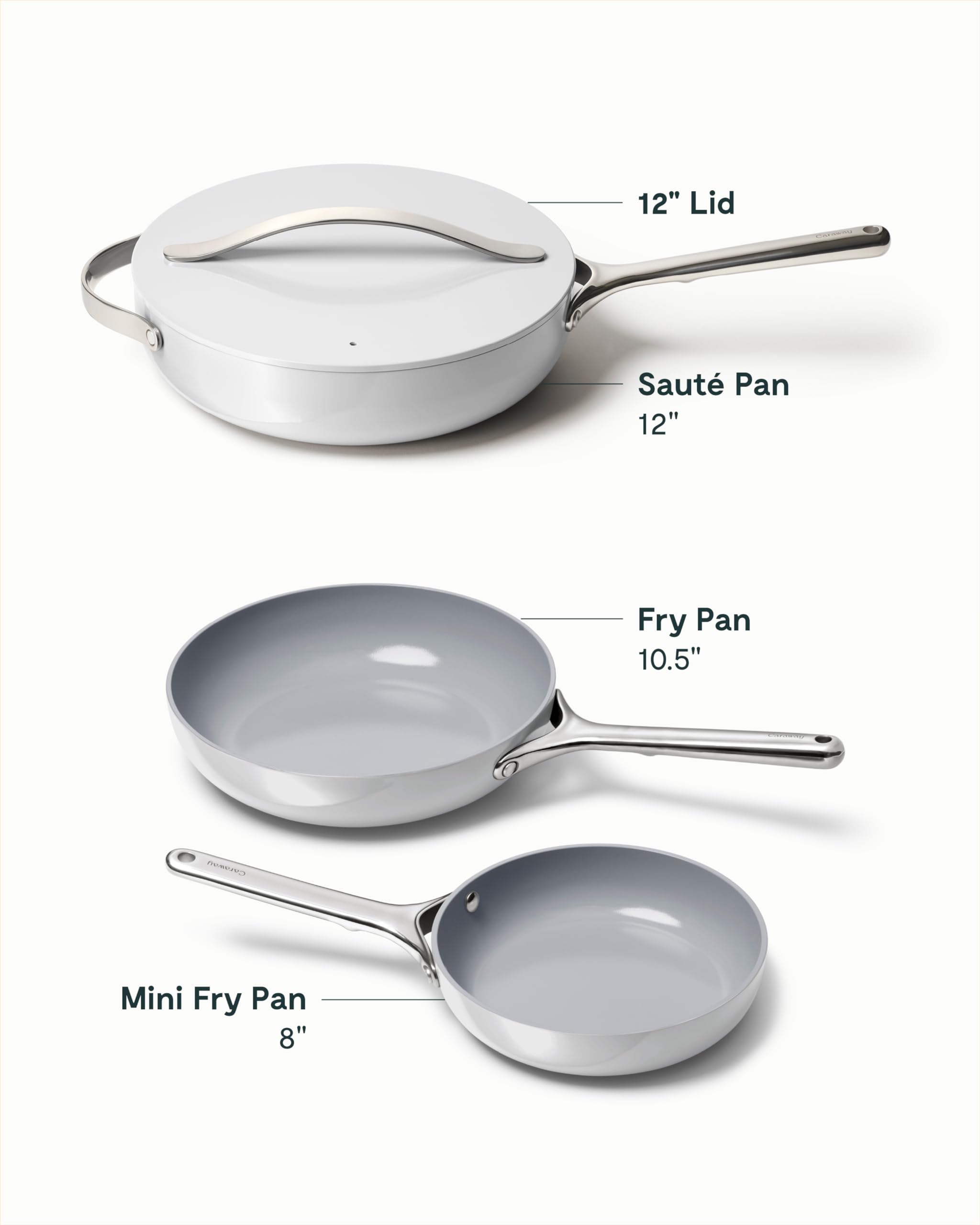 Caraway Fry Pan Trio - Non-Stick Frying Pans (10.5” & 8”) & Non-Stick Saute Pan - Non Toxic, PTFE & PFOA Free - Oven Safe & Compatible with All Stovetops (Gas, Electric & Induction) - Gray