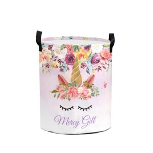 custom laundry basket for kids baby girls boys personalized unicorn floral laundry hamper with name waterproof customized dirty clothes storage basket toys dolls collapsible large organizer