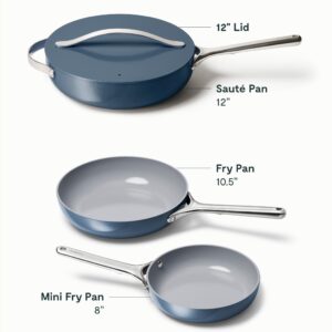 Caraway Fry Pan Trio - Non-Stick Frying Pans (10.5” & 8”) & Non-Stick Saute Pan - Non Toxic, PTFE & PFOA Free - Oven Safe & Compatible with All Stovetops (Gas, Electric & Induction) - Navy