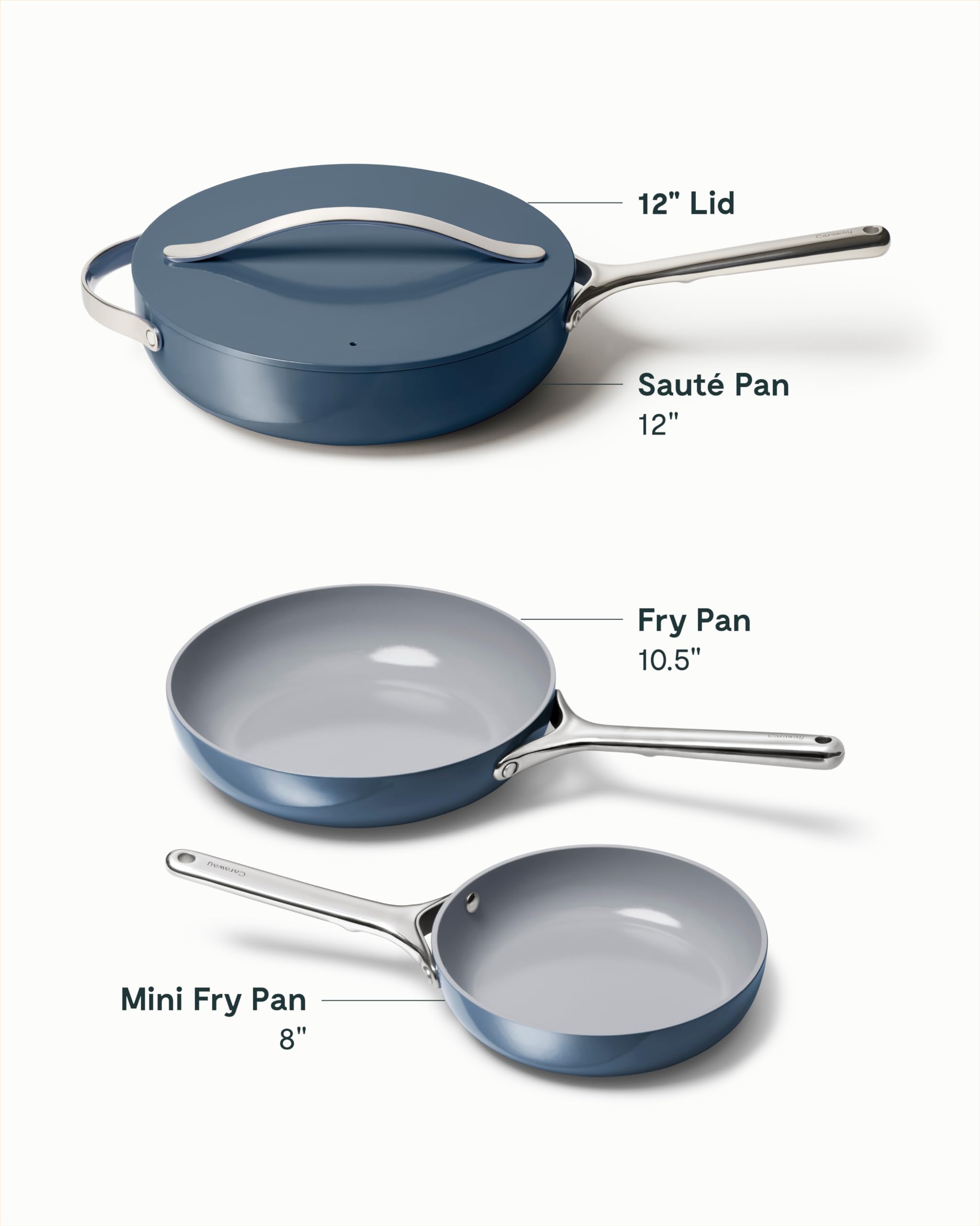 Caraway Fry Pan Trio - Non-Stick Frying Pans (10.5” & 8”) & Non-Stick Saute Pan - Non Toxic, PTFE & PFOA Free - Oven Safe & Compatible with All Stovetops (Gas, Electric & Induction) - Navy