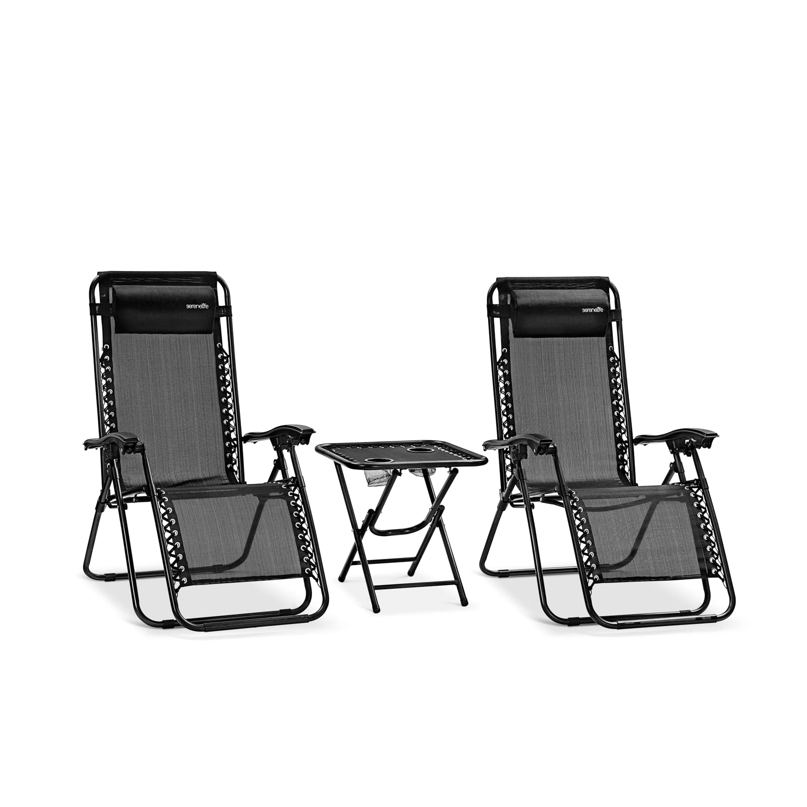 SereneLife SLZGHTBBK78.5 Outdoor Adjustable Zero Gravity Lounge Chair Recliners with Table and Padded Headrest Pillows, 2 Pack, Light Black