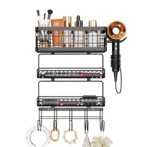 roledes hair tool organizer wall mount metal hair dryer holder with 3 tier shelf storage wire basket hook, hot tools organizer cabinet door flat iron holder for blow dryer, curling iron, straightener