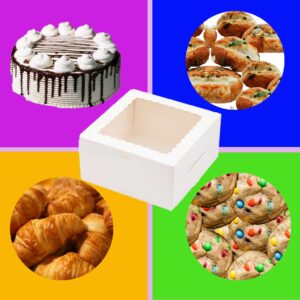 Exceptional Value Bundle | 4-Pack Cake Boxes (10x10x5 Inches) 4 Corrugated White Cake Boards & 4 Happy Birthday Cake Toppers. | 350 GSM Thick Sturdy Cardboard | Fancy Design See-Through Window |