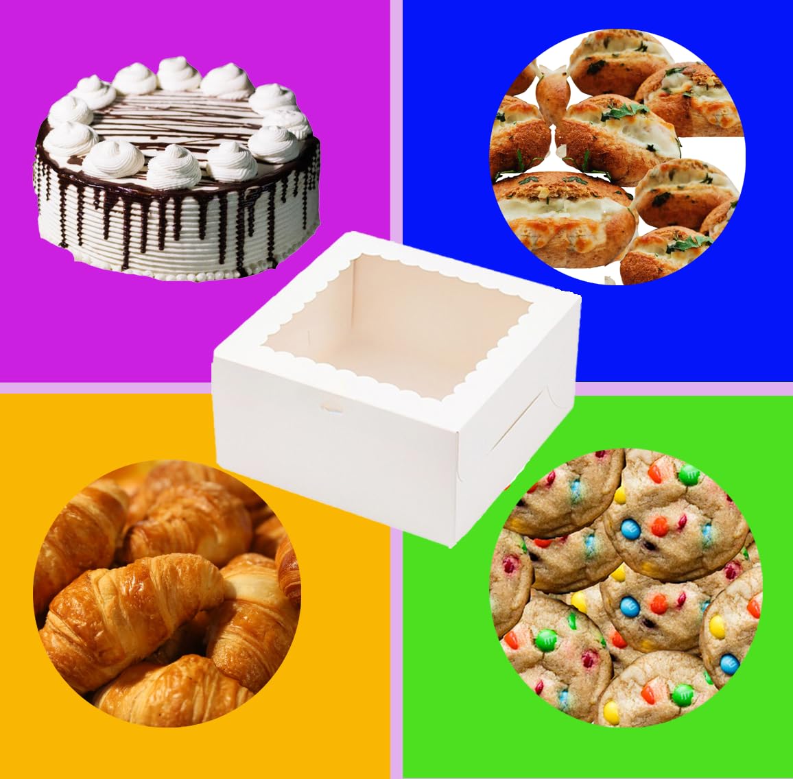 Exceptional Value Bundle | 4-Pack Cake Boxes (10x10x5 Inches) 4 Corrugated White Cake Boards & 4 Happy Birthday Cake Toppers. | 350 GSM Thick Sturdy Cardboard | Fancy Design See-Through Window |