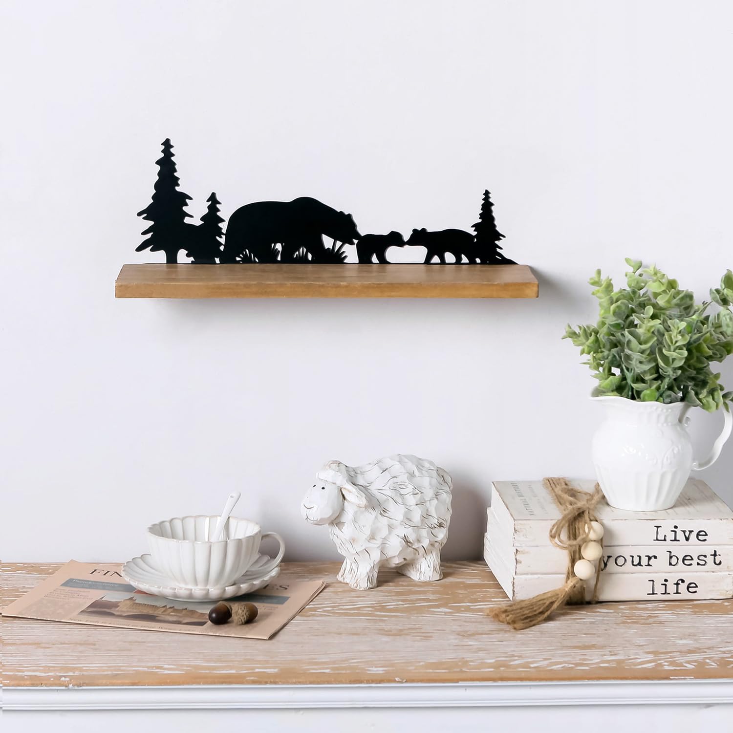 Synovana Wall Mount Shelf Farmhouse Cabin Wooden Floating Shelf Wall Decor Rustic Hanging Rectangular Wall Shelves for Bathroom Living Room Laundry Room - Bear Shadow Design