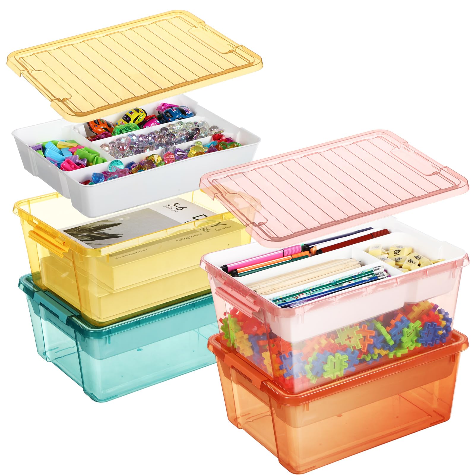 Willinglong 4 Packs 25 Qt Storage Organizer Box Clear Storage Containers with Lids Art Craft Storage Organizer Clear Storage Bins Plastic Bin for for Bead, Crayon, Tool, Sewing, Toy(Removable Tray)