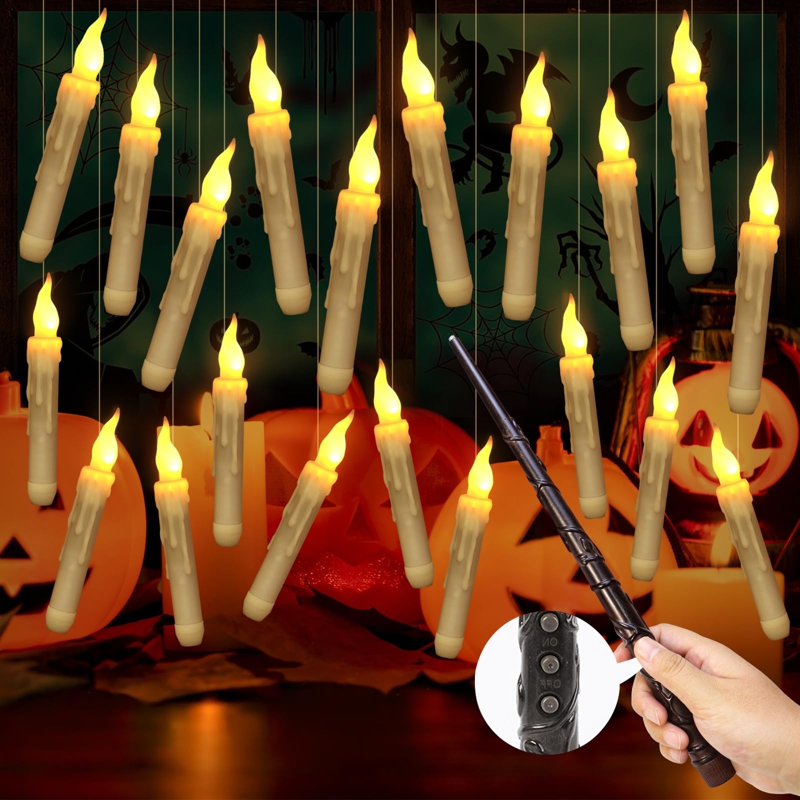 20 Pack Christmas Floating Candles with Wand Timer Remote Control,Floating Candles for centerpieces,LED Flickering Light Flameless Candles Hanging For Harry Potter Party Witch Decor Christmas Gifts